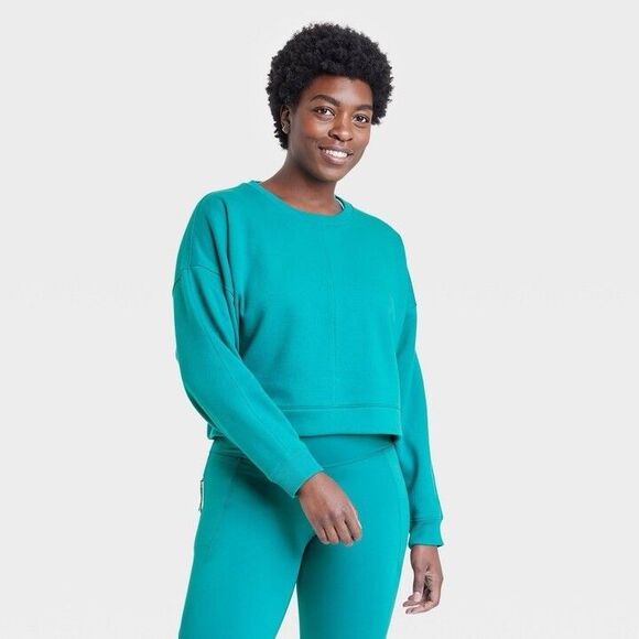 NWT All In Motions Women's Teal Fleece Lined Cropped Crewneck Sweatshirt Size 3X - Picture 1 of 9